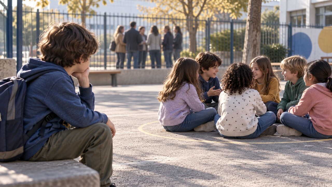 Un niño permanece al margen de un grupo de compañeros mientras varios padres conversan al fondo del patio escolar