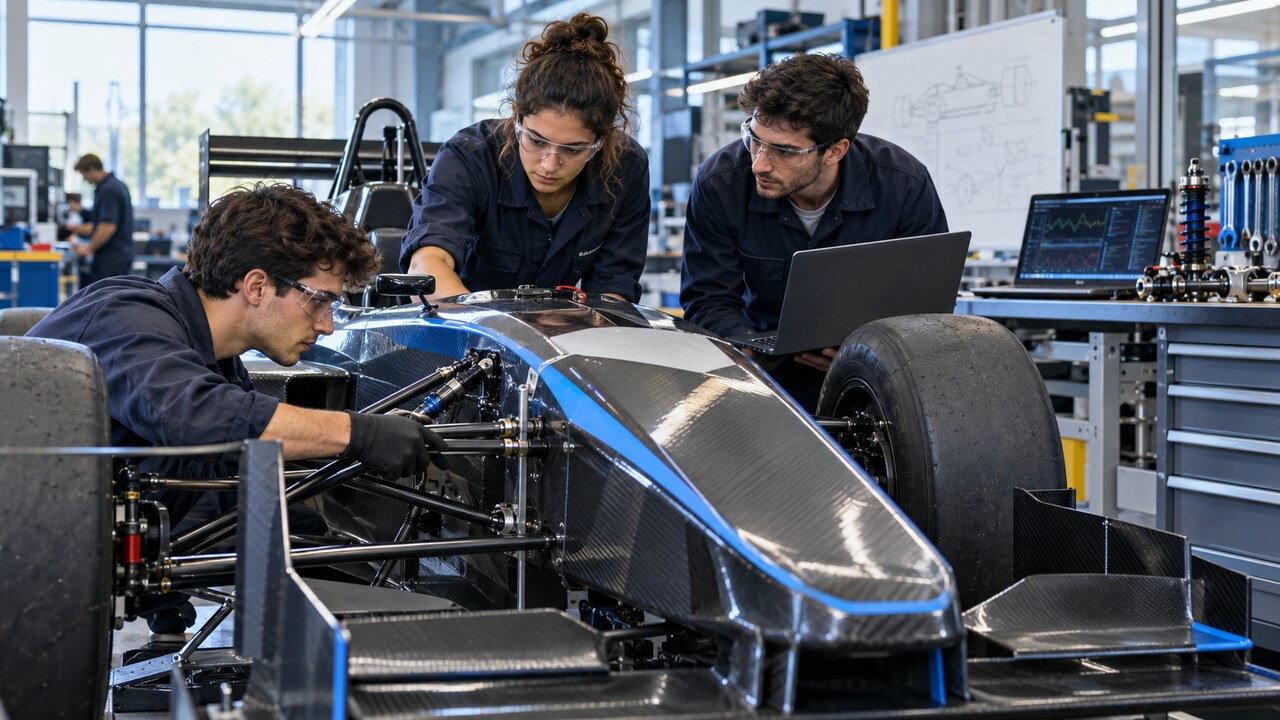 Estudiantes universitarios de ingeniería trabajan en un monoplaza de competición en un laboratorio de automoción