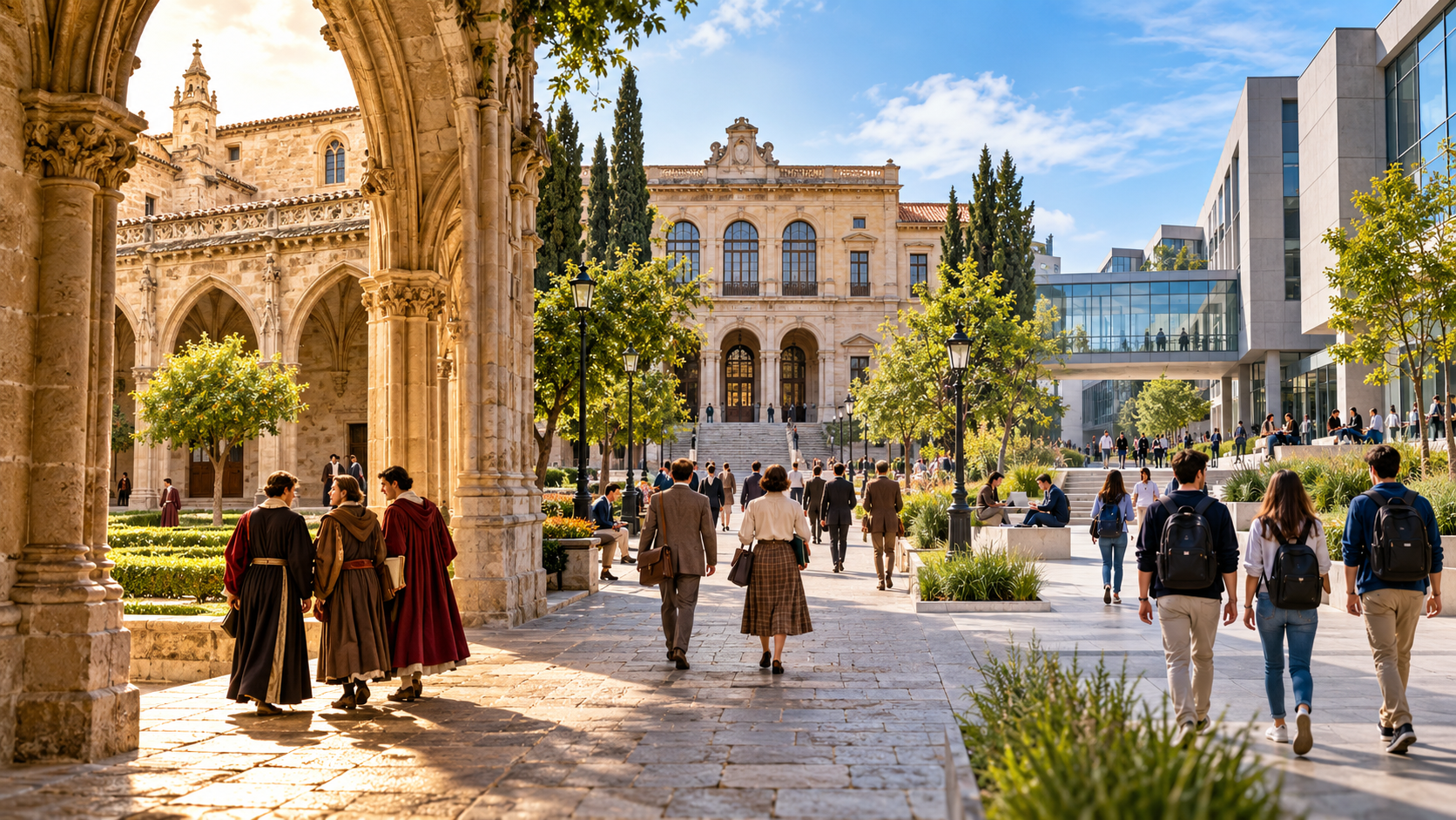 Evolución de las universidades españolas desde un claustro histórico hasta un campus contemporáneo