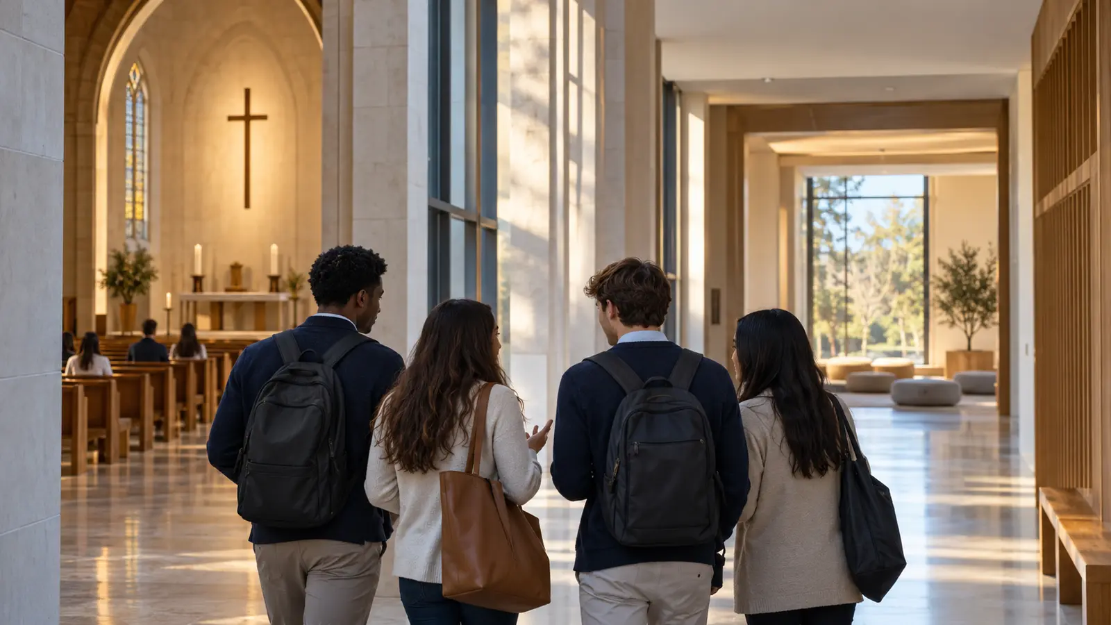 Estudiantes en un campus católico junto a una capilla y un espacio común de reflexión