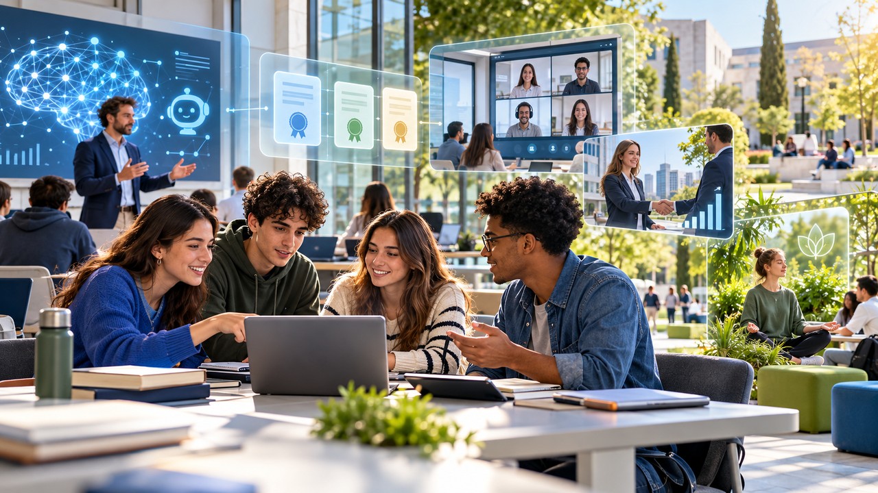 Estudiantes en un campus con inteligencia artificial, formación híbrida, empleabilidad y bienestar