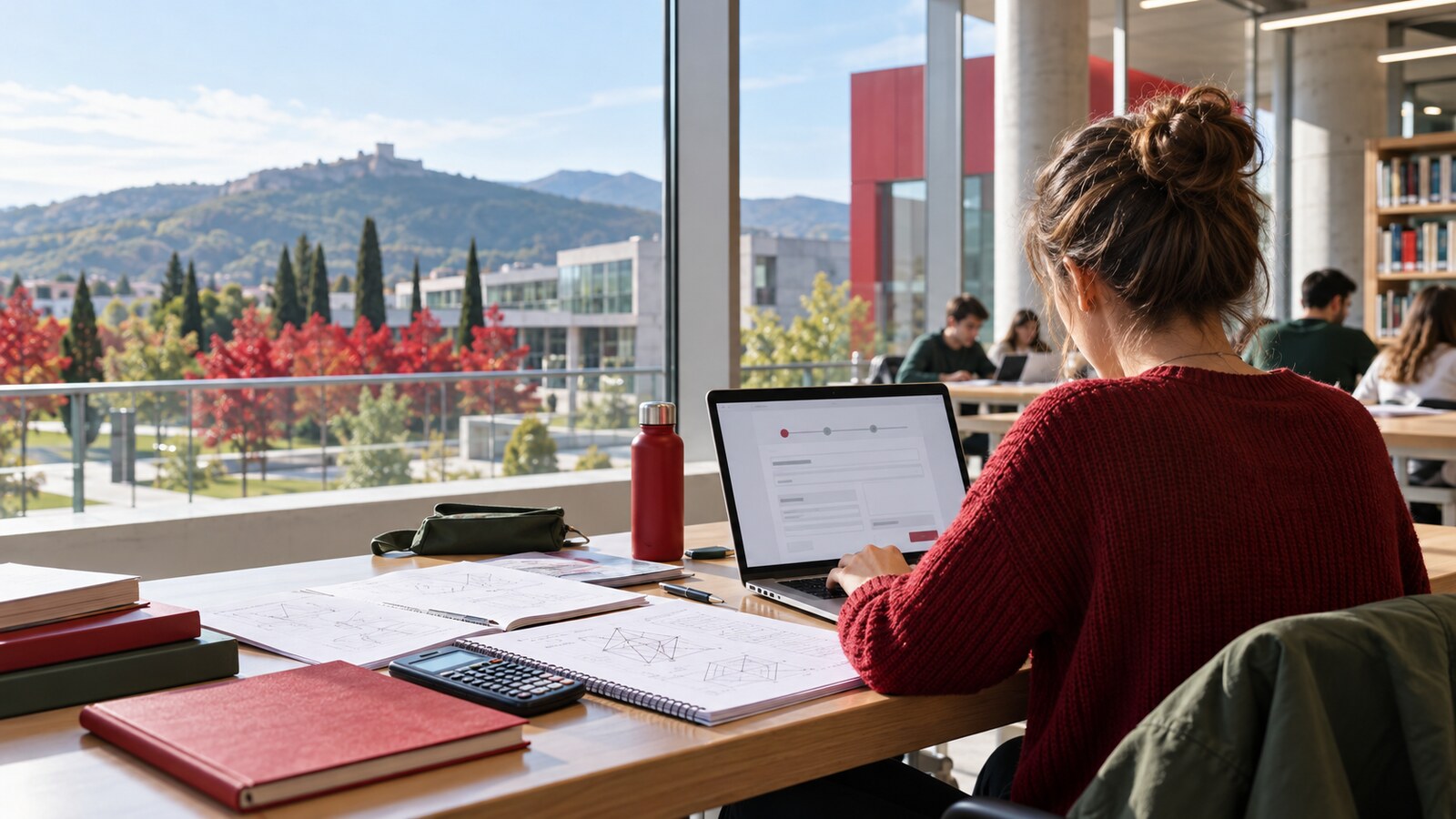 Estudiante universitaria solicita una beca desde un portátil junto a apuntes de ciencias e ingeniería