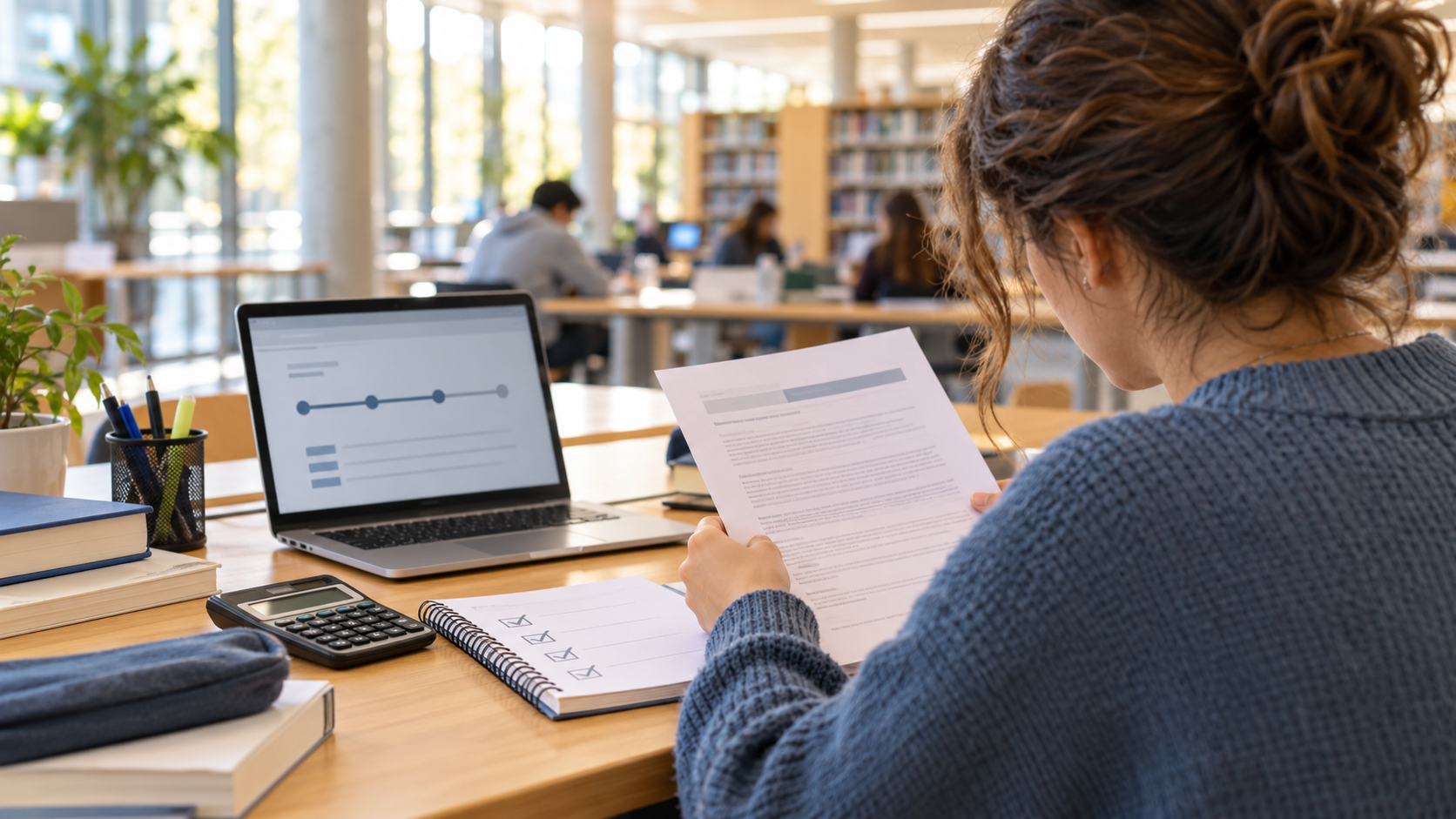 Estudiante universitaria revisa una resolución de beca junto a un portátil, una calculadora y una lista de créditos