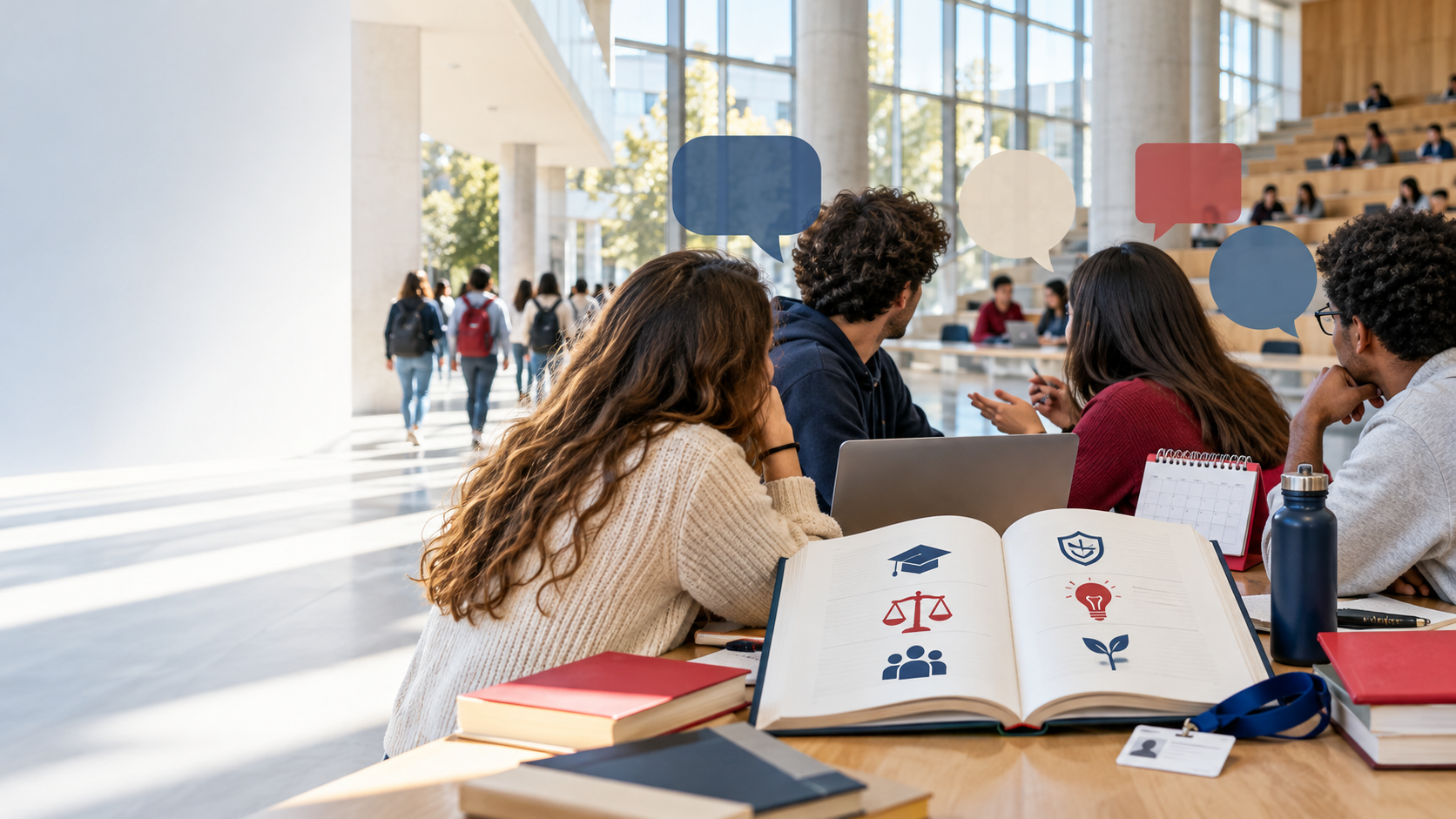 Grupo de estudiantes universitarios conversa junto a un libro abierto que simboliza sus nuevos derechos